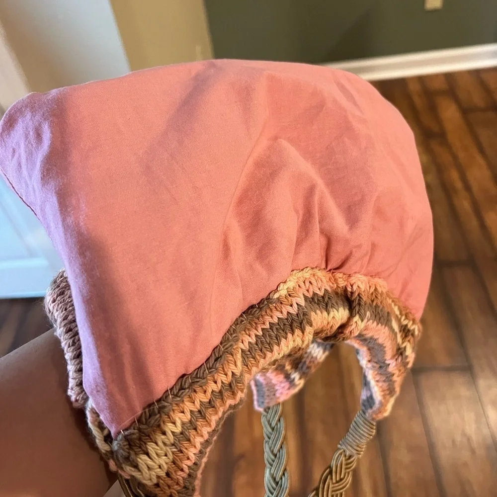 Womens Knit Pink Shoulder Purse Gold Chunky Straps Boho Chic